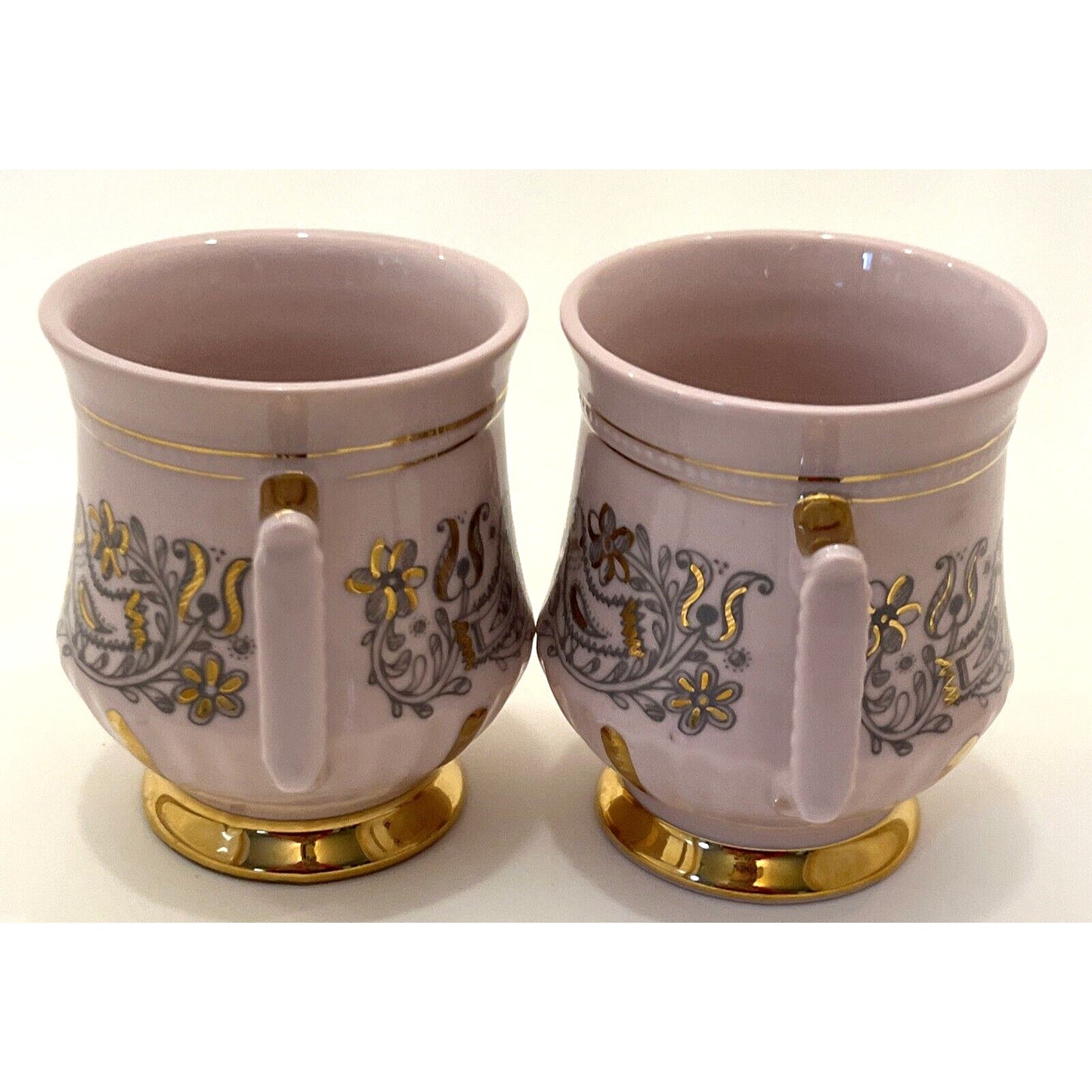 Antique Lot Of 2 H&C Rosa Pink Czech Porcelain Love Birds Gold Mugs Tea Cups