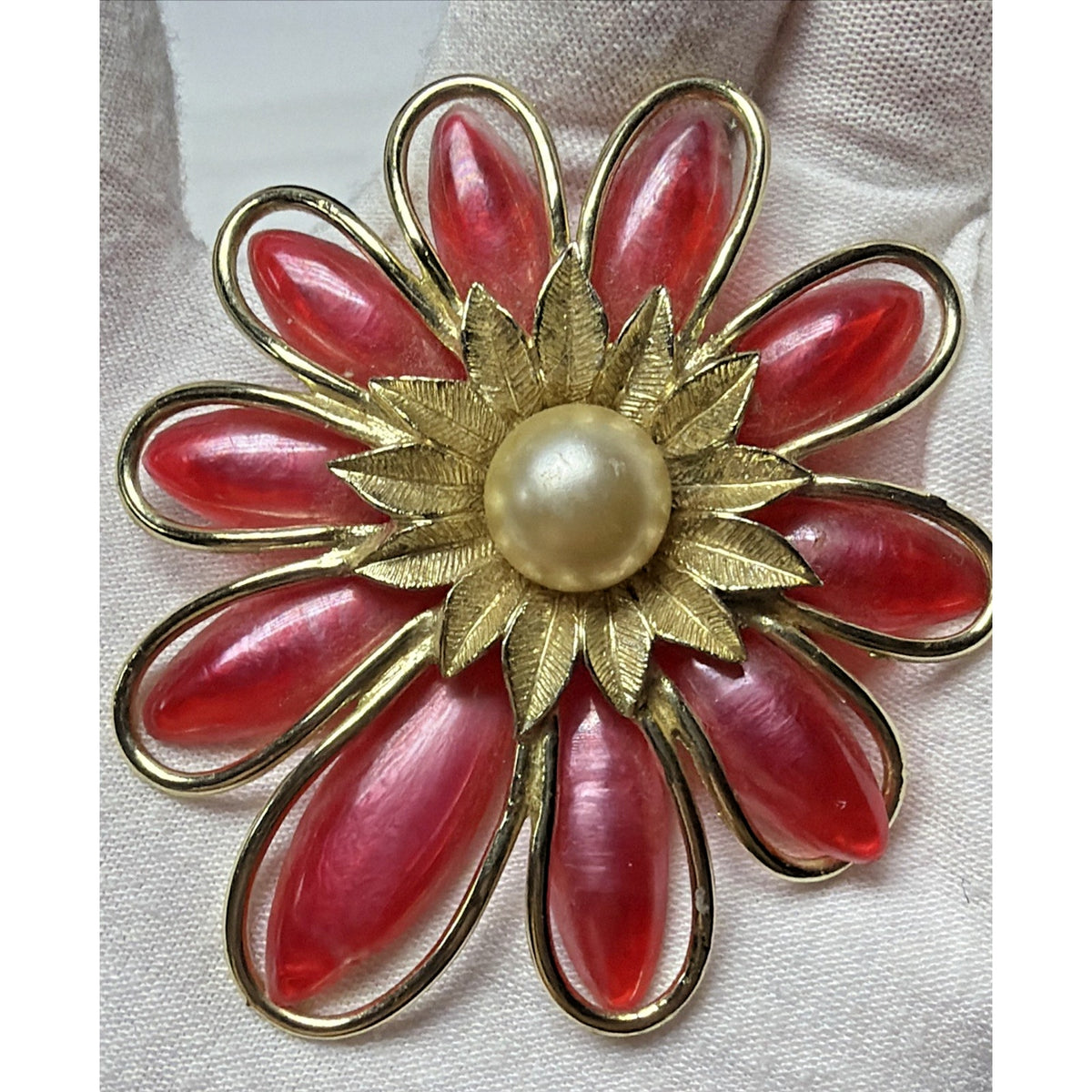 Vintage Large Flower Blossom Brooch Resin Plastic Leaves Gold Frame Faux Pearl