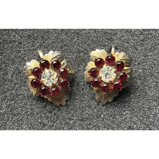 Vintage Gold Tone Leaf Screw Back Earrings Ruby Red Rhinestone White Clear