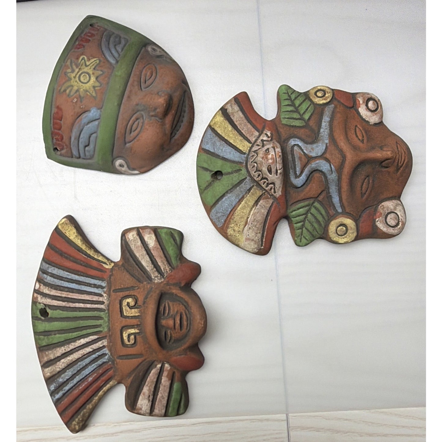 Vintage Lot of 3 Mesoamerican Terracotta Clay Mayan Aztec Warrior Wall Masks