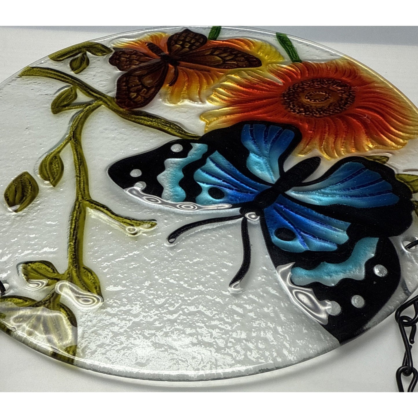 Stained Glass Painted Butterfly Sunflower Suncatcher Rimless Hanging Glass