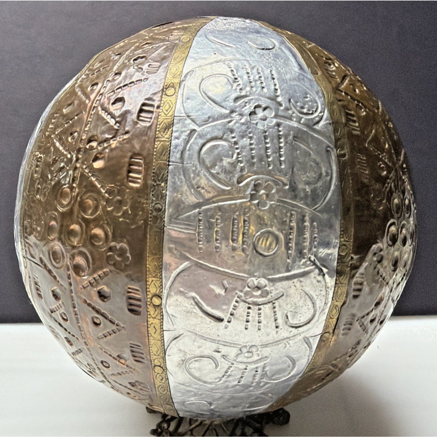 Vtg Mixed Metal Wrapped Sphere Orb Hand Tooled Design Ornate Ball Brass Bronze