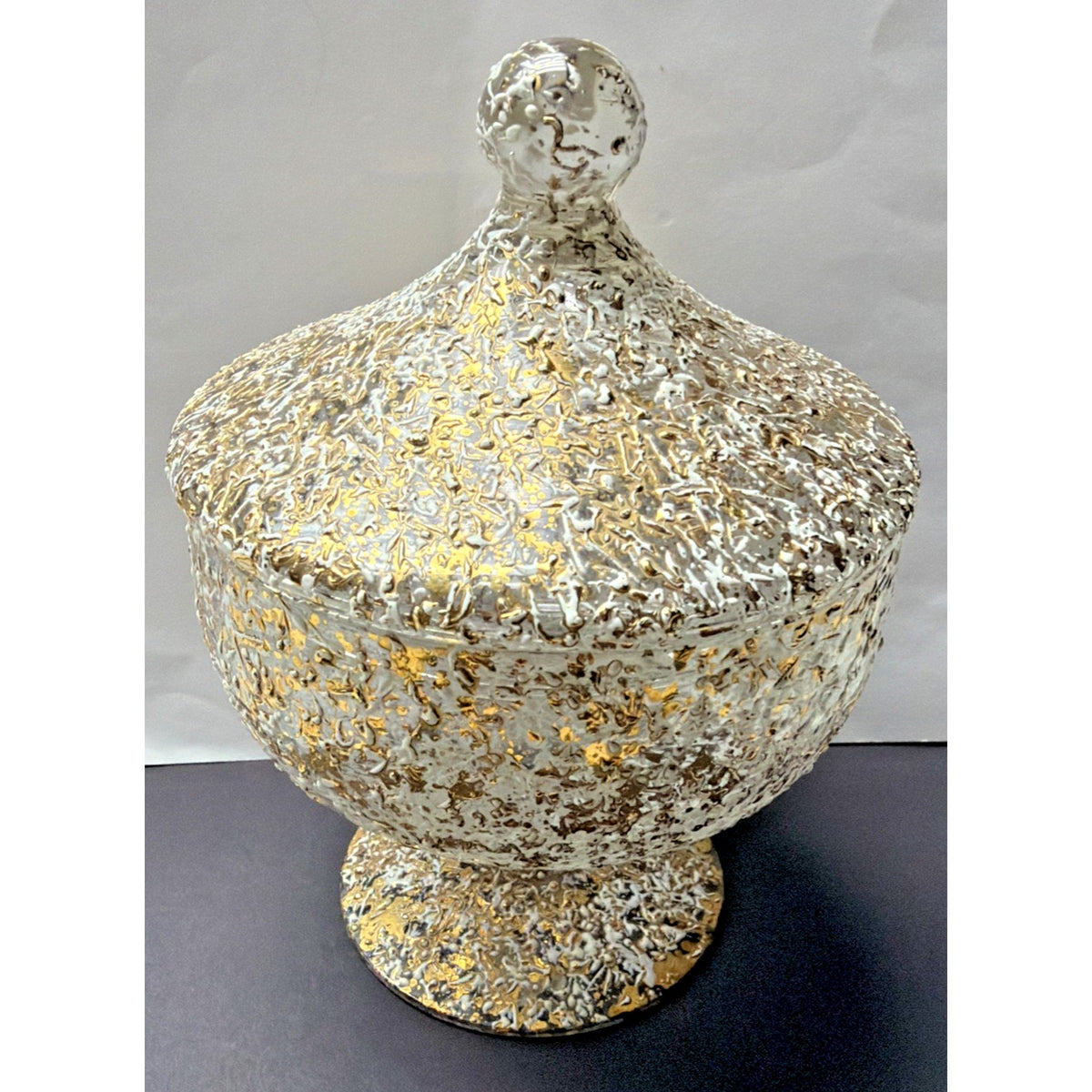MCM West Virginia Glass Lidded Pedestal Candy Dish Golden Brocade Splatter
