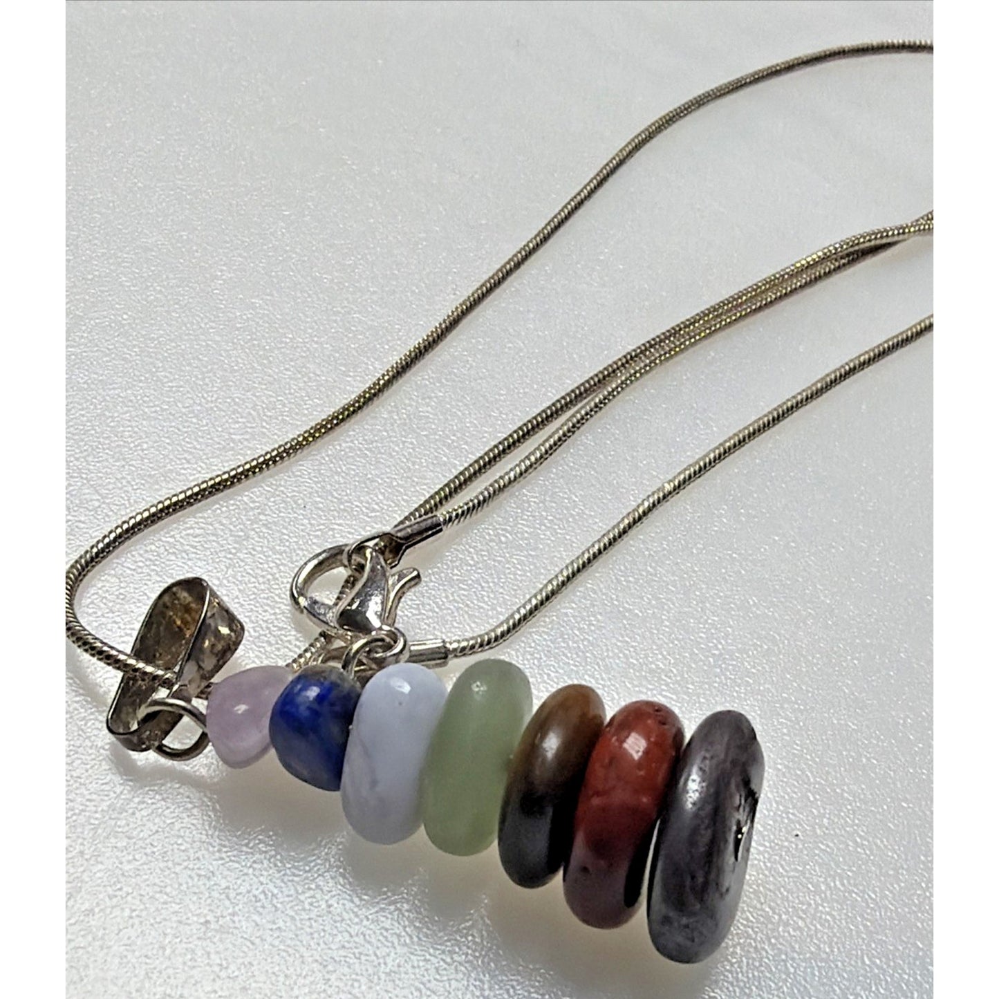 Vtg Semi Precious Stacked Stone Pendant Sterling Silver 18 Inch Chain Necklace