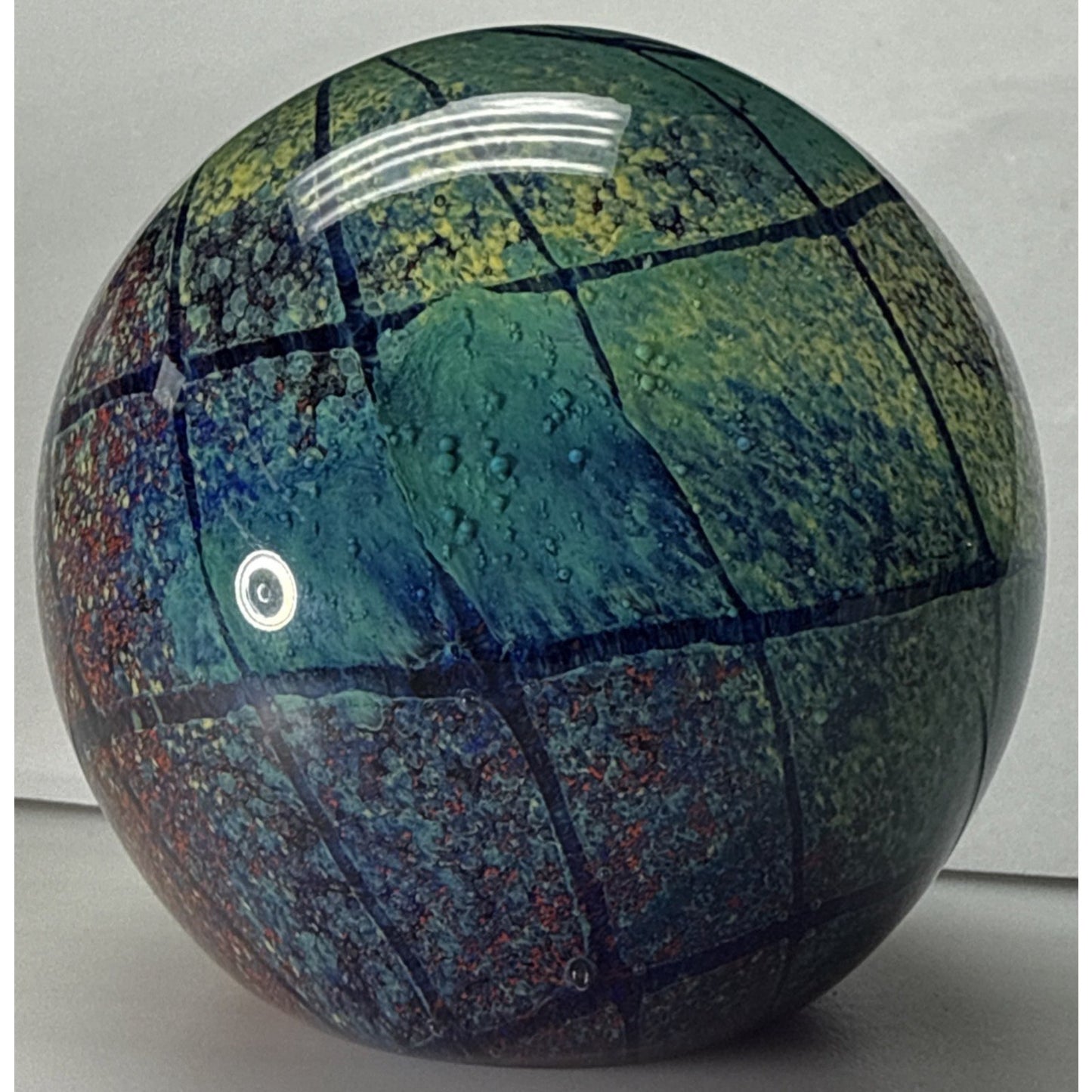 Vtg Art Glass Globe Paperweight Blue Green Confetti Hemisphere Mottled Bubbles