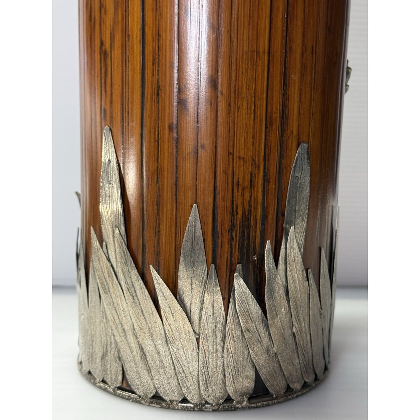 Old Japanese Bamboo Wood Vase Silvered Frog Grass Enameled Butterfly Large Read