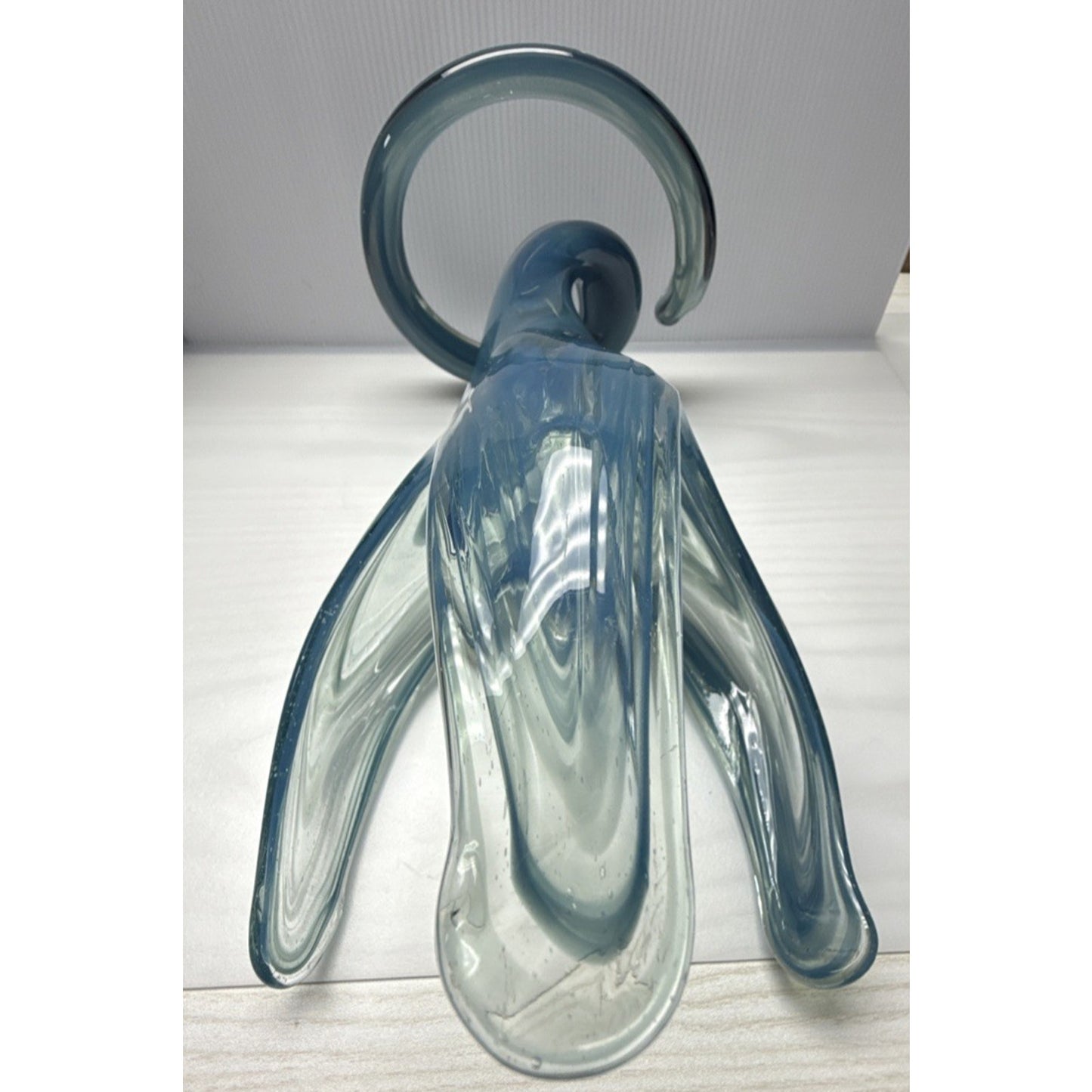 MCM Sooner Art Glass Tulip Trumpet Vase Blue Green Spiral Coiled Base 12" Read