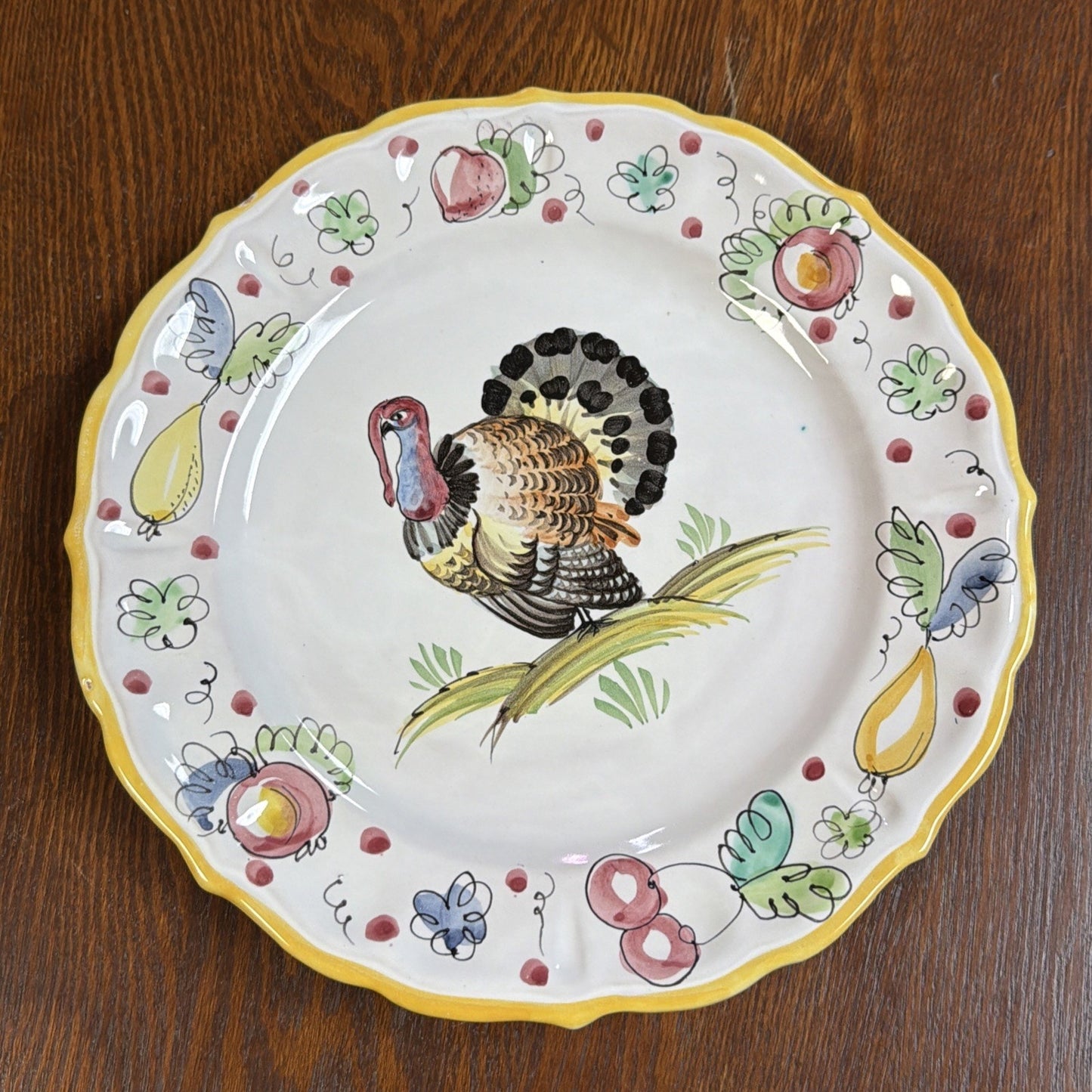 Italy Majolica Pottery Plate Hand Painted Turkey Porcelain Glazed Numbered As Is