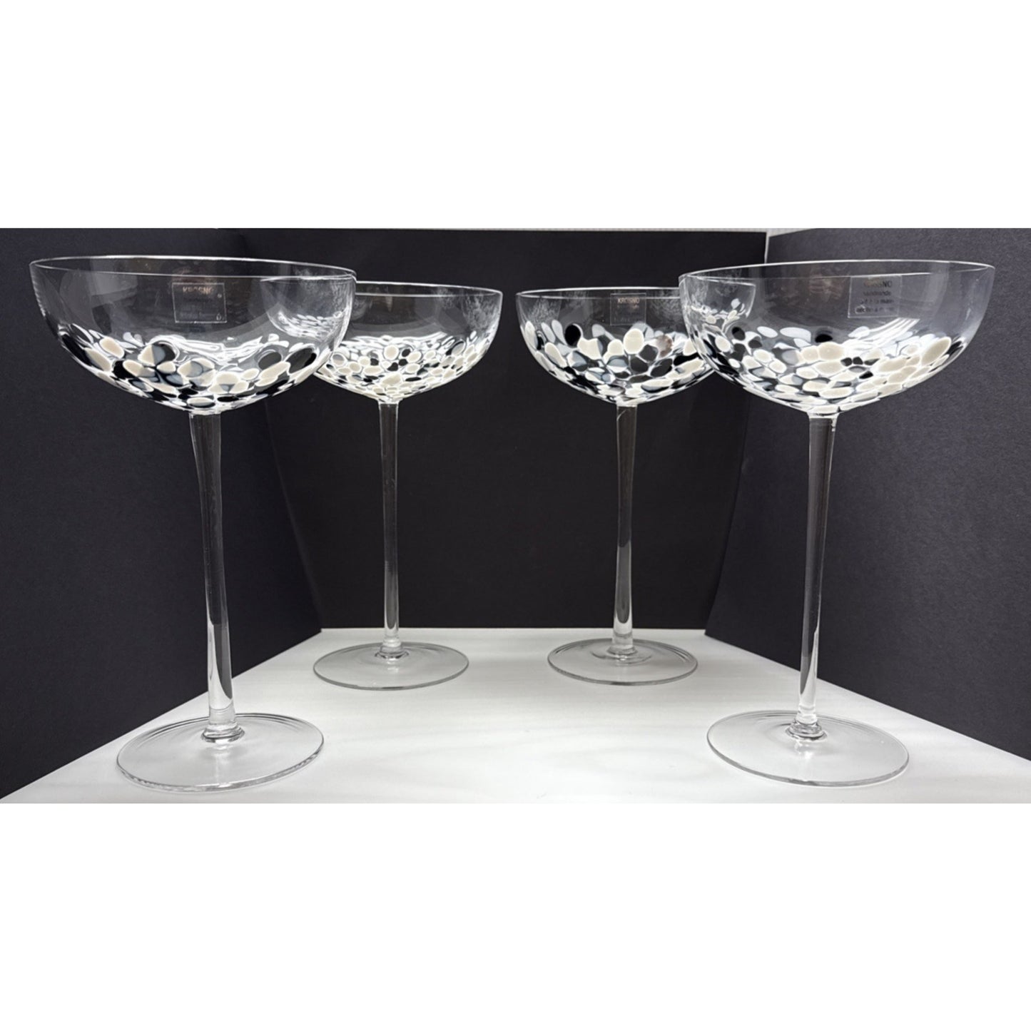 Lot of 4 Krosno Poland Long Stem Champagne Coupe Black White Mottled Marbled