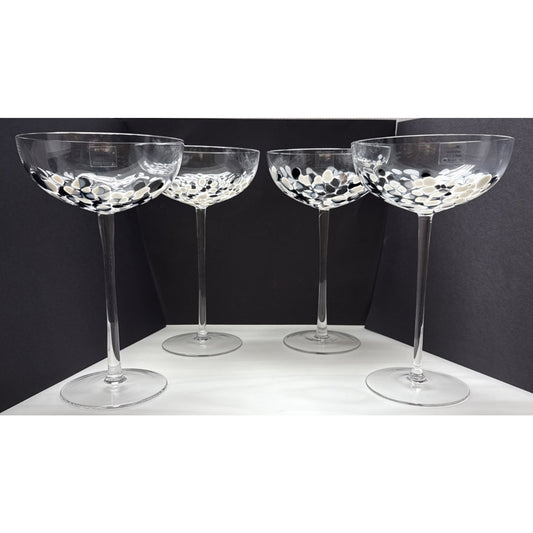 Lot of 4 Krosno Poland Long Stem Champagne Coupe Black White Mottled Marbled