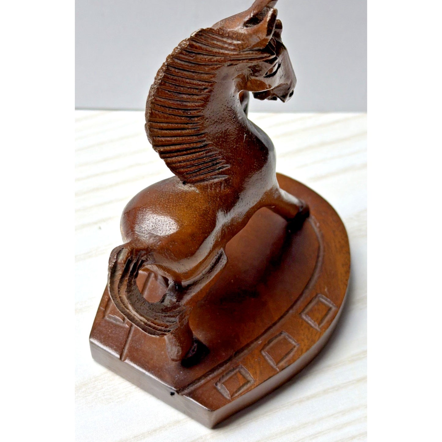 Vintage SC Vizcarra Wood Carving Horse Stallion Sculpture Horseshoe Paperweight