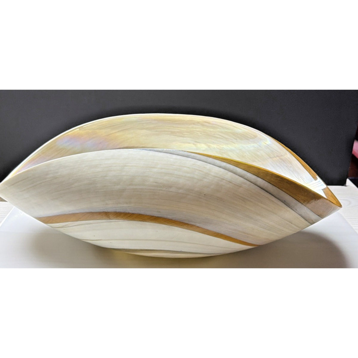 Yalo Murano Vetro Art Glass Bowl Folded Iridescent Ivory Gold Swirl 21"