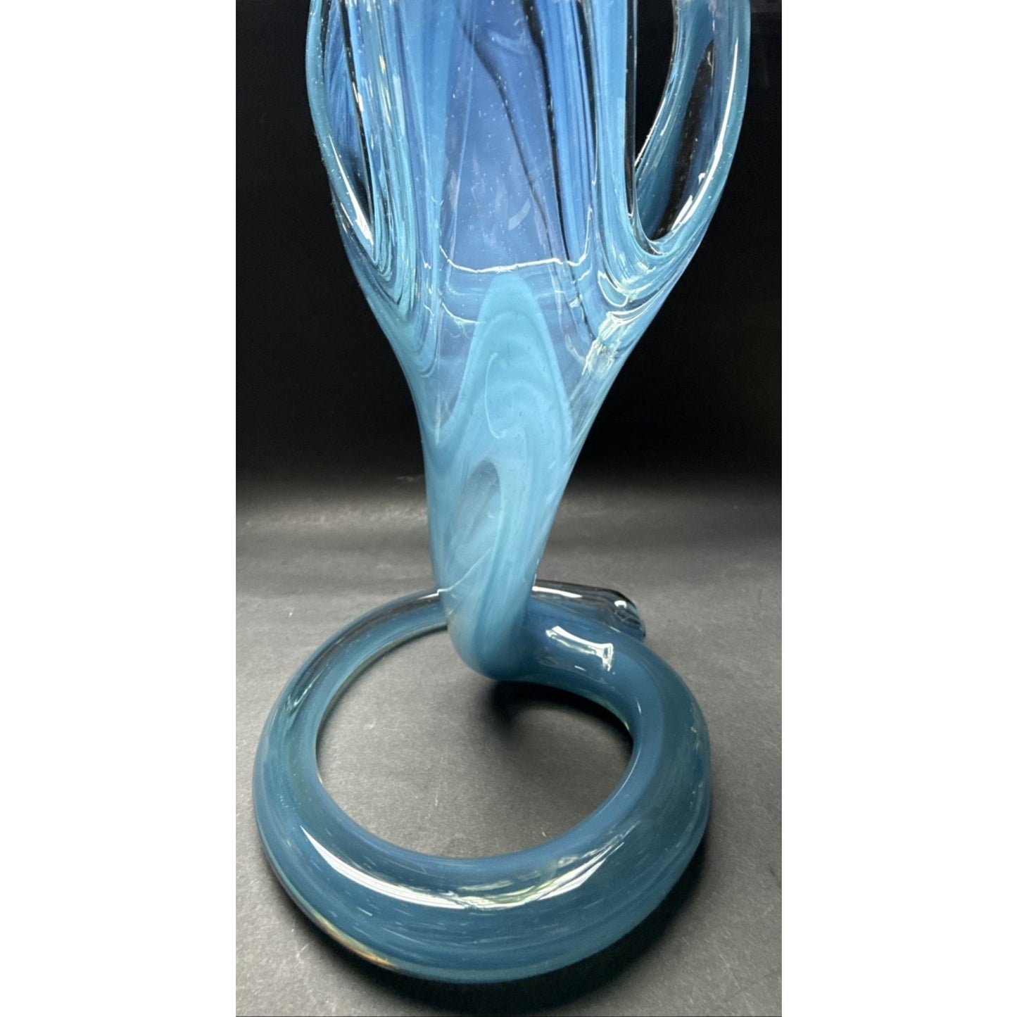 MCM Sooner Art Glass Tulip Trumpet Vase Blue Green Spiral Coiled Base 12" Read