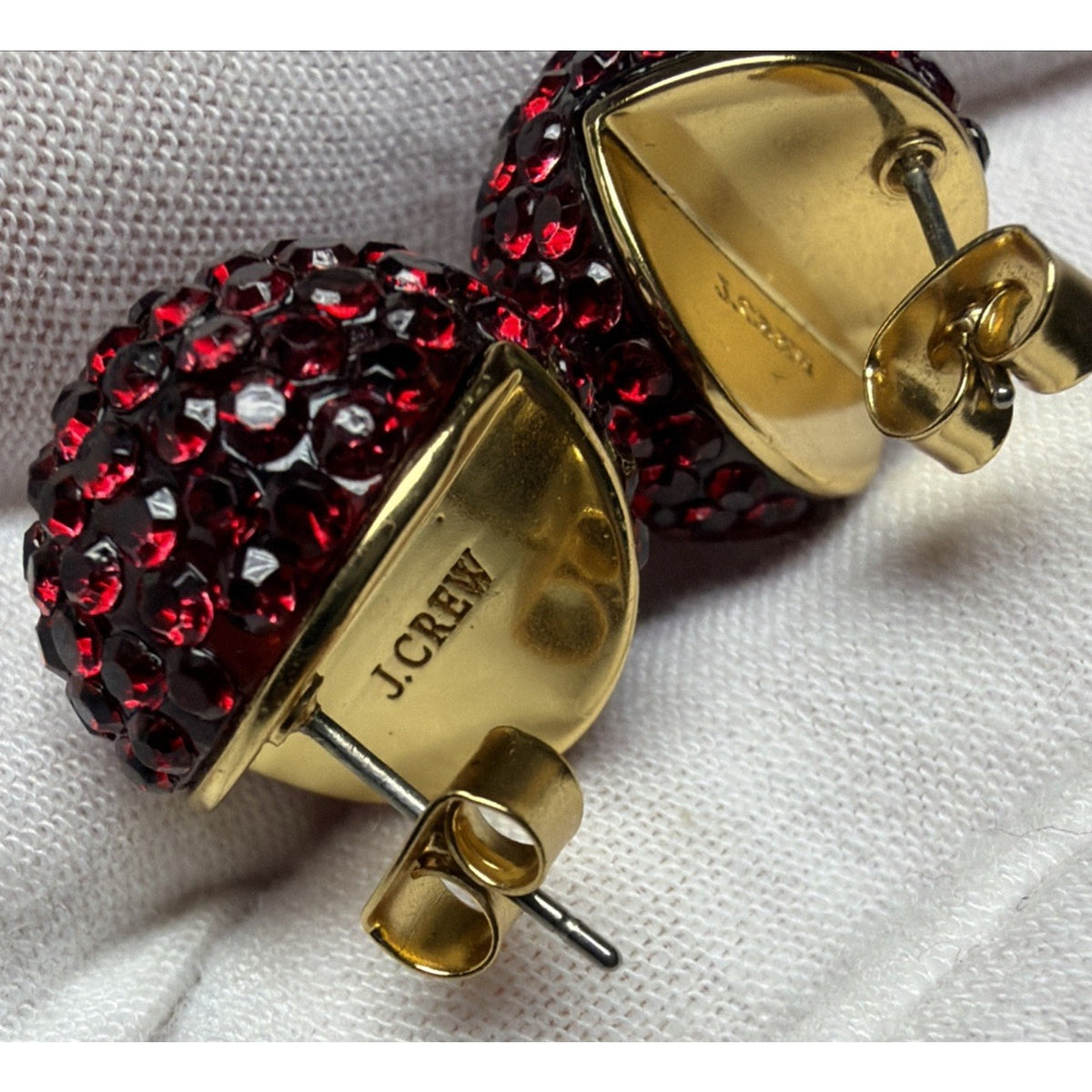 J Crew Pave Crystal Ruby Red Rhinestone Ball Stud Chunky Dome Earrings Gold Tone