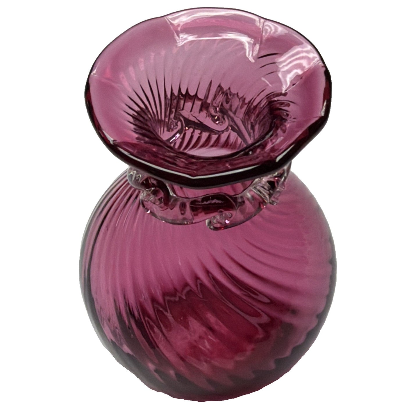 Vintage Pilgrim Art Glass Cranberry Optic Swirl Vase Ruffle Top Clear Filigree