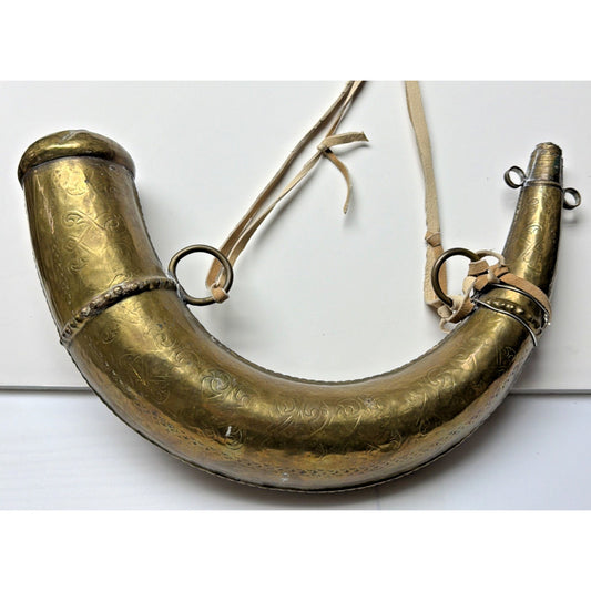 Antique Moroccan Brass Steel Black Powder Horn Flask Shot Strap As Is