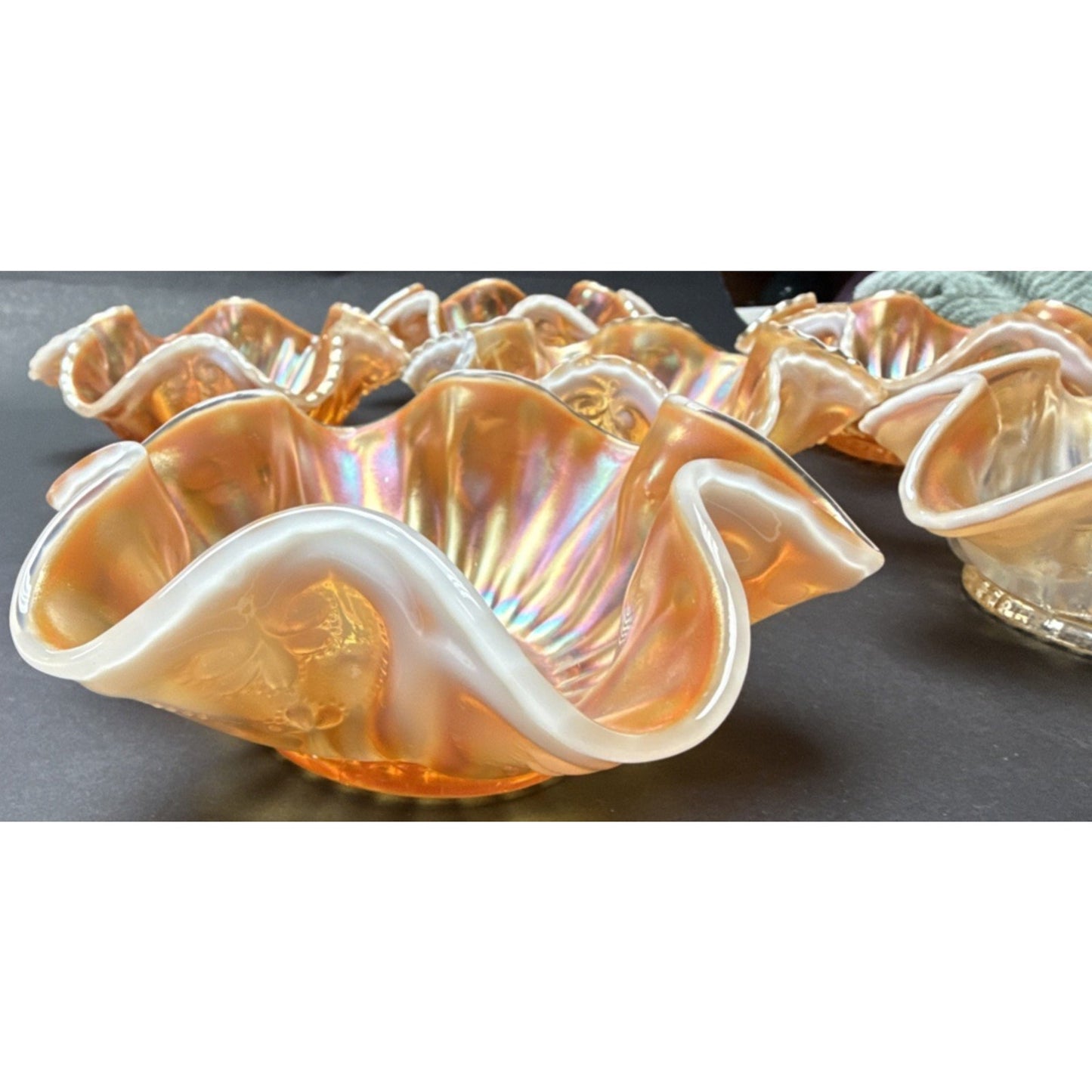 Lot of 7 Dugan Glass Peach Opal Carnival Ray Jewel Heart Master Berry Bowl As-Is
