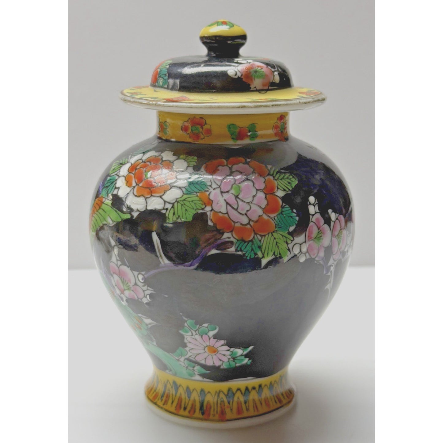 Vintage Japanese Hand Painted Black Porcelain Phoenix Ginger Jar Urn Lid Floral