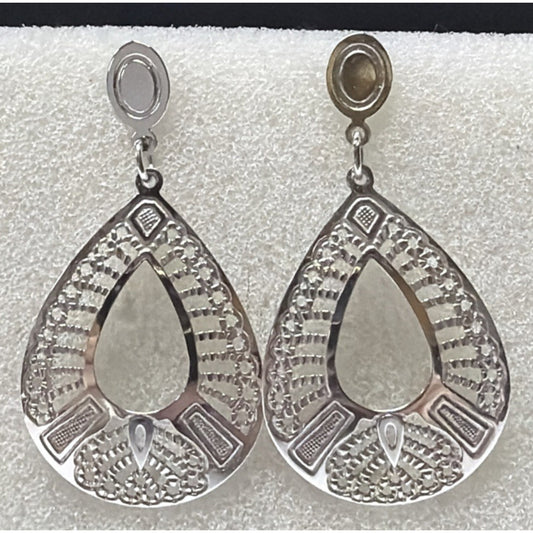 Vtg Ornate Sterling Silver Filigree Open Teardrop Dangle Earrings Post No Backs