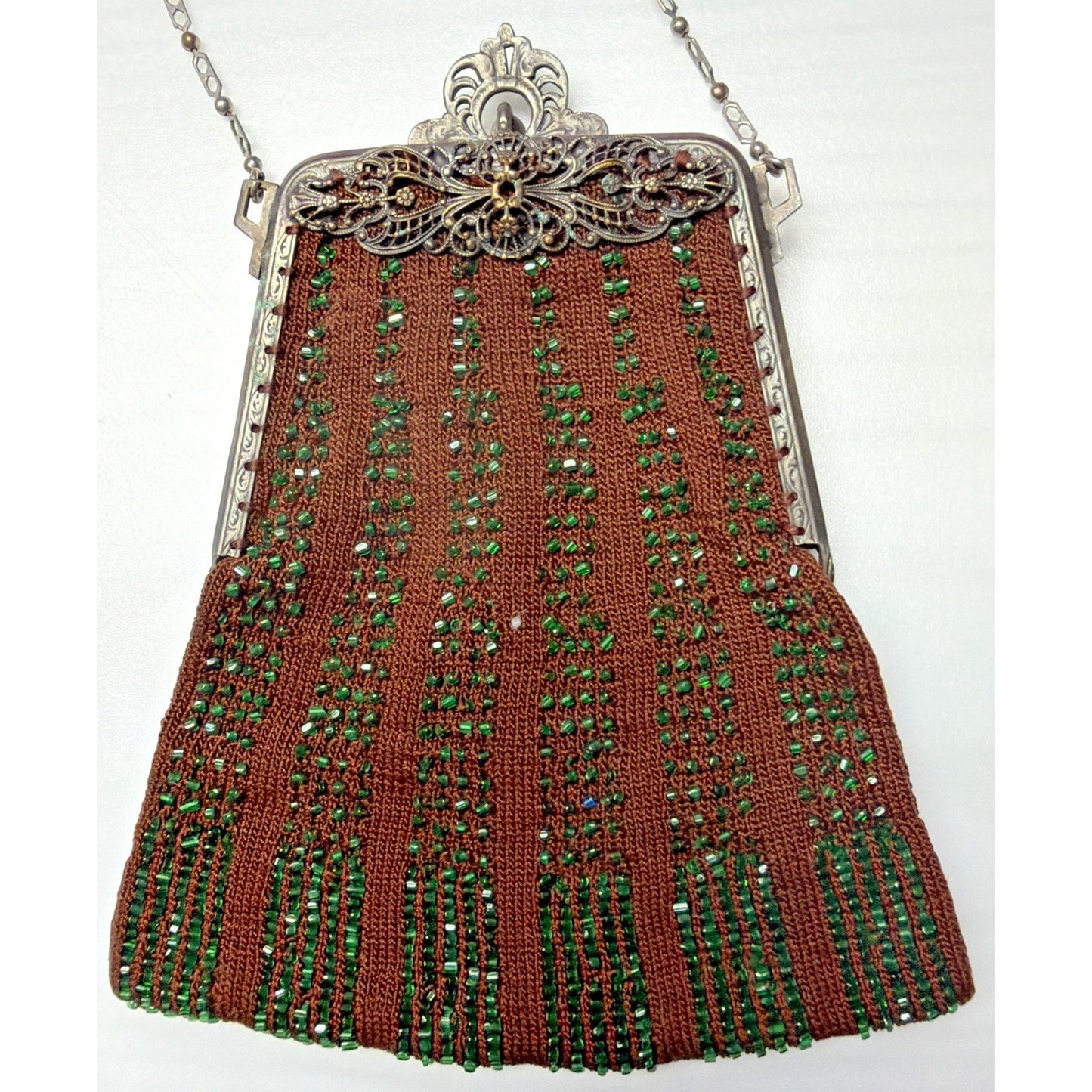 Antique Crochet Brown Green Micro Bead Purse Ornate Metal Frame Kiss Lock Strap