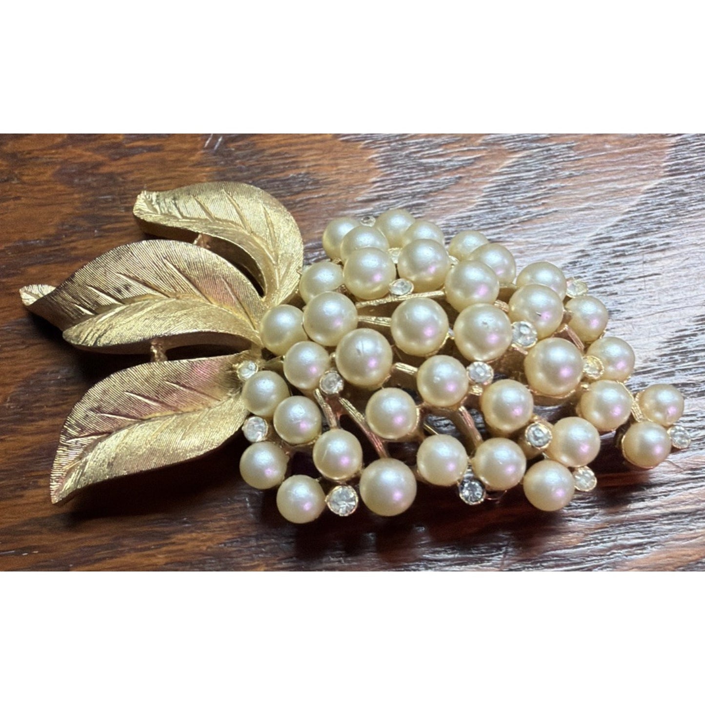 Vintage Crown Trifari Faux Pearl Rhinestone Grape Cluster Brooch Pin Gold Tone