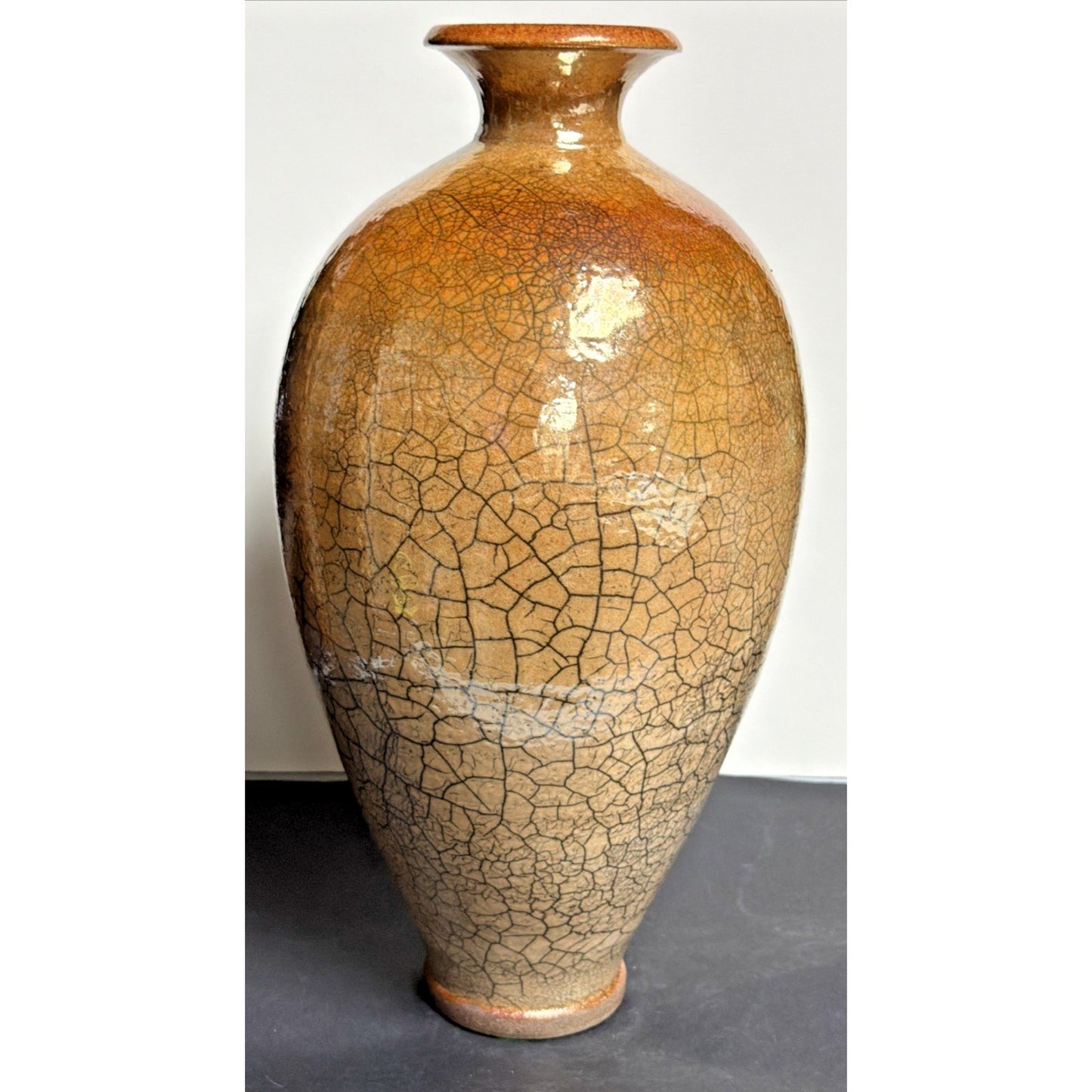 Vtg Casey Hankin Raku Art Pottery Vase Crackle Iridescent Orange Marigold Large