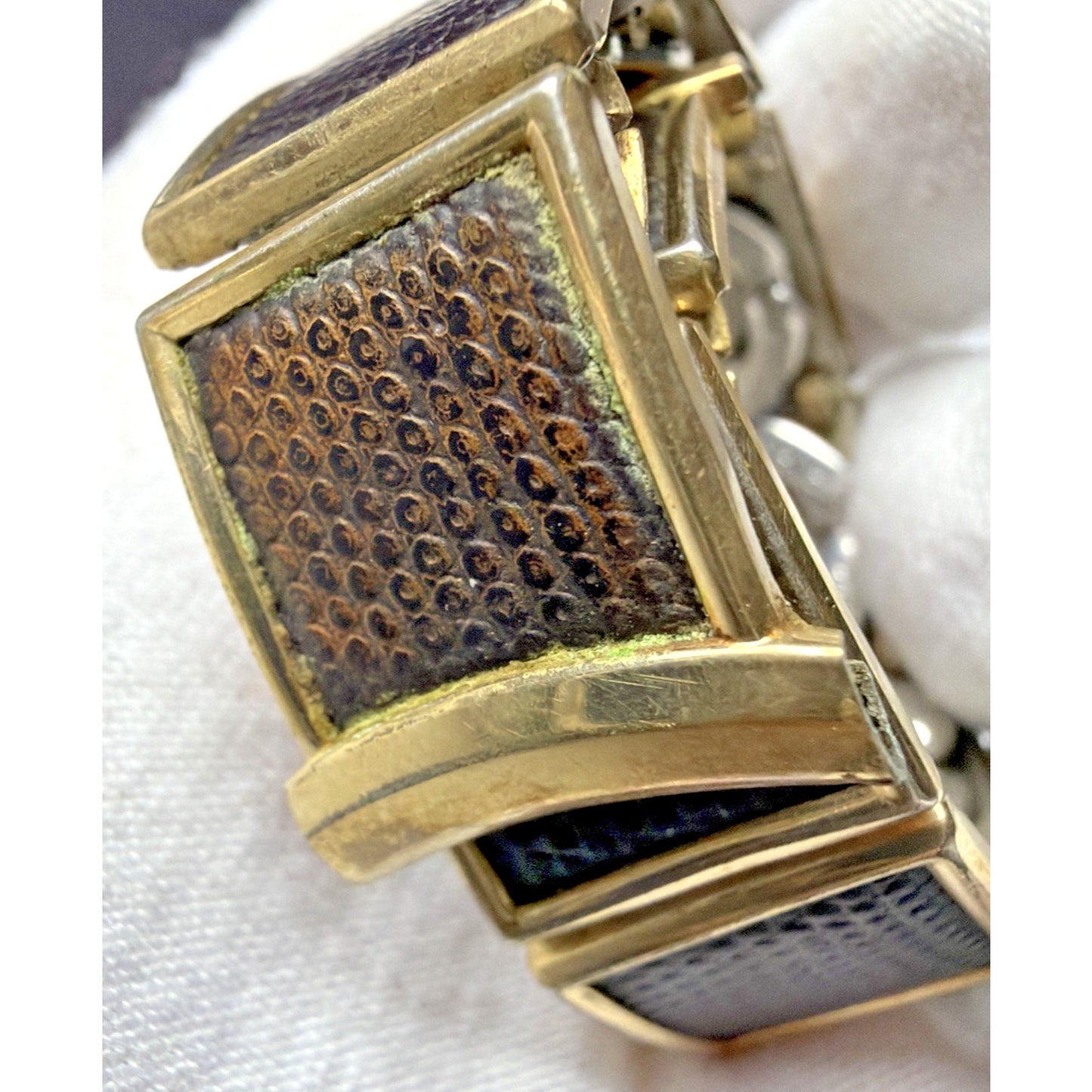 Vtg Speidel Yellow Gold Filled Watch Band Dark Brown Lizard Leather Curved As Is
