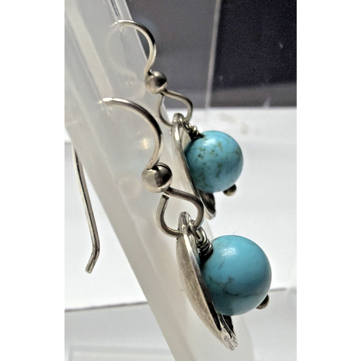 Margaret Lindquist ZAX 925 Sterling Dangle Stamped Disc Earrings Turquoise Beads