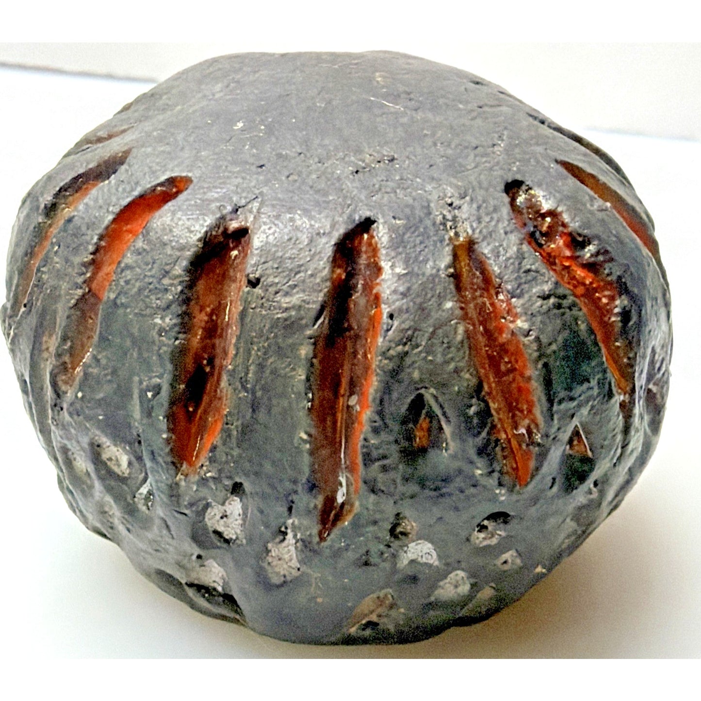 MCM Danish Brutalist Studio Pottery Jar Melon Pot Lid Damage Black Red Glaze