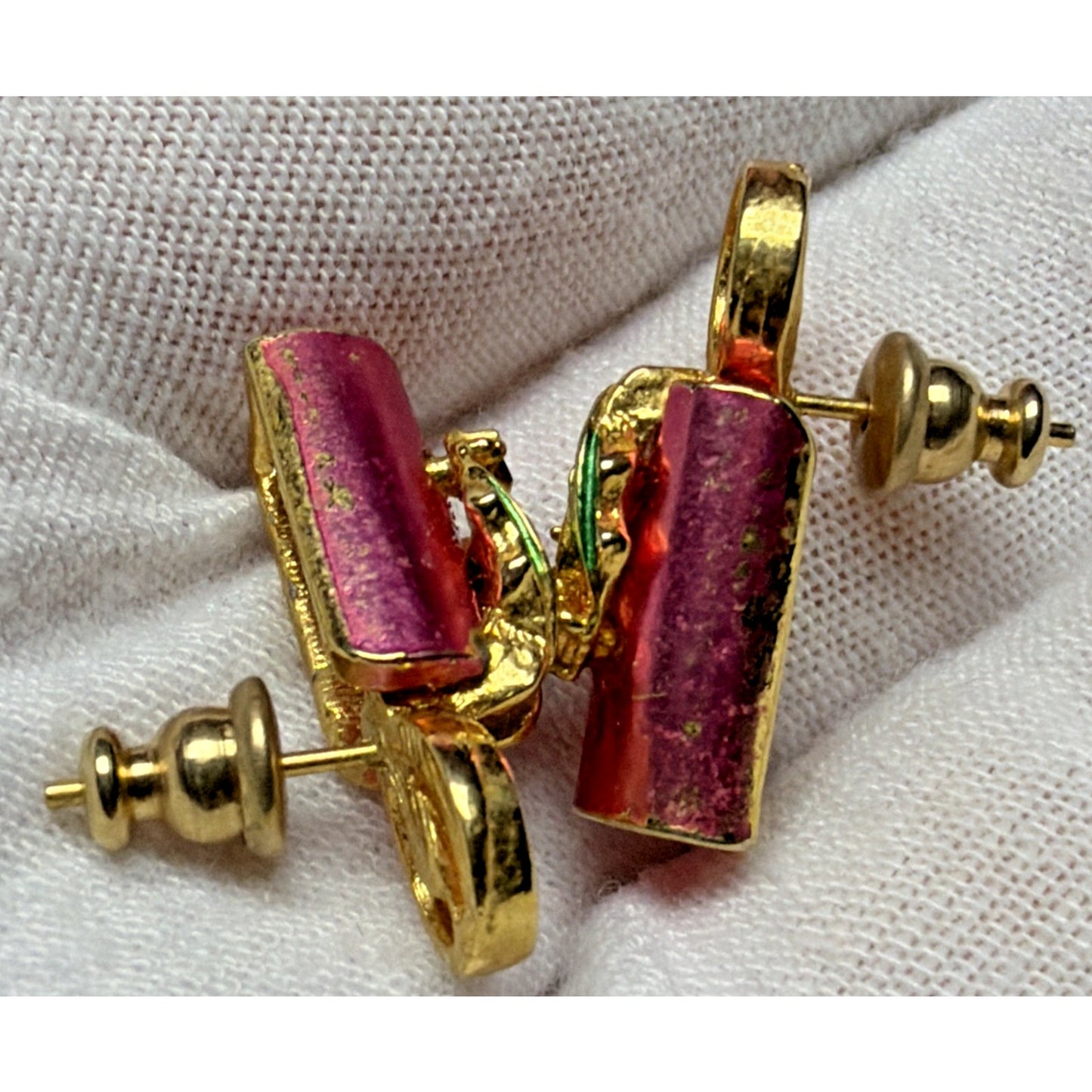 Vintage Enamel Rhinestone Candlestick Candle Earrings Pink Gold Tone