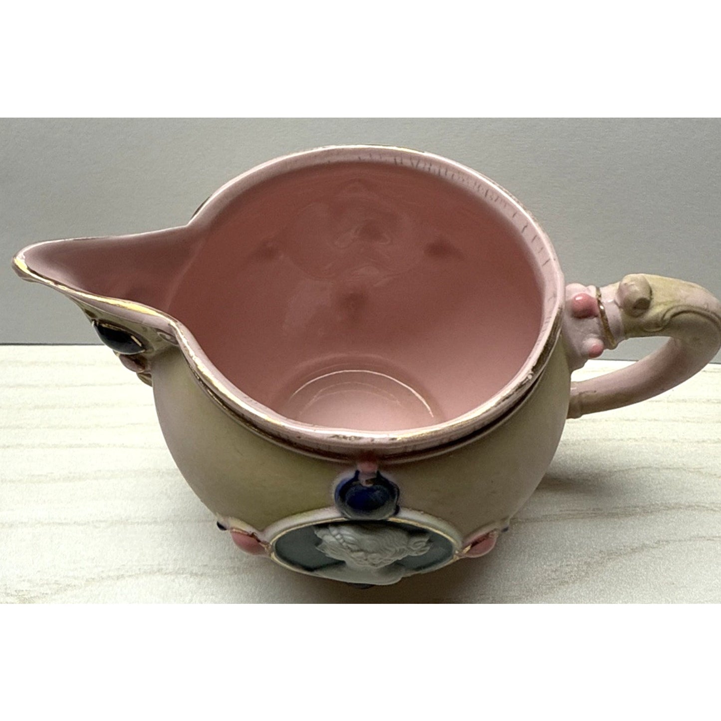 Antique Schafer Vater Bisque Porcelain Pink Jeweled Cameo Pitcher Creamer As Is