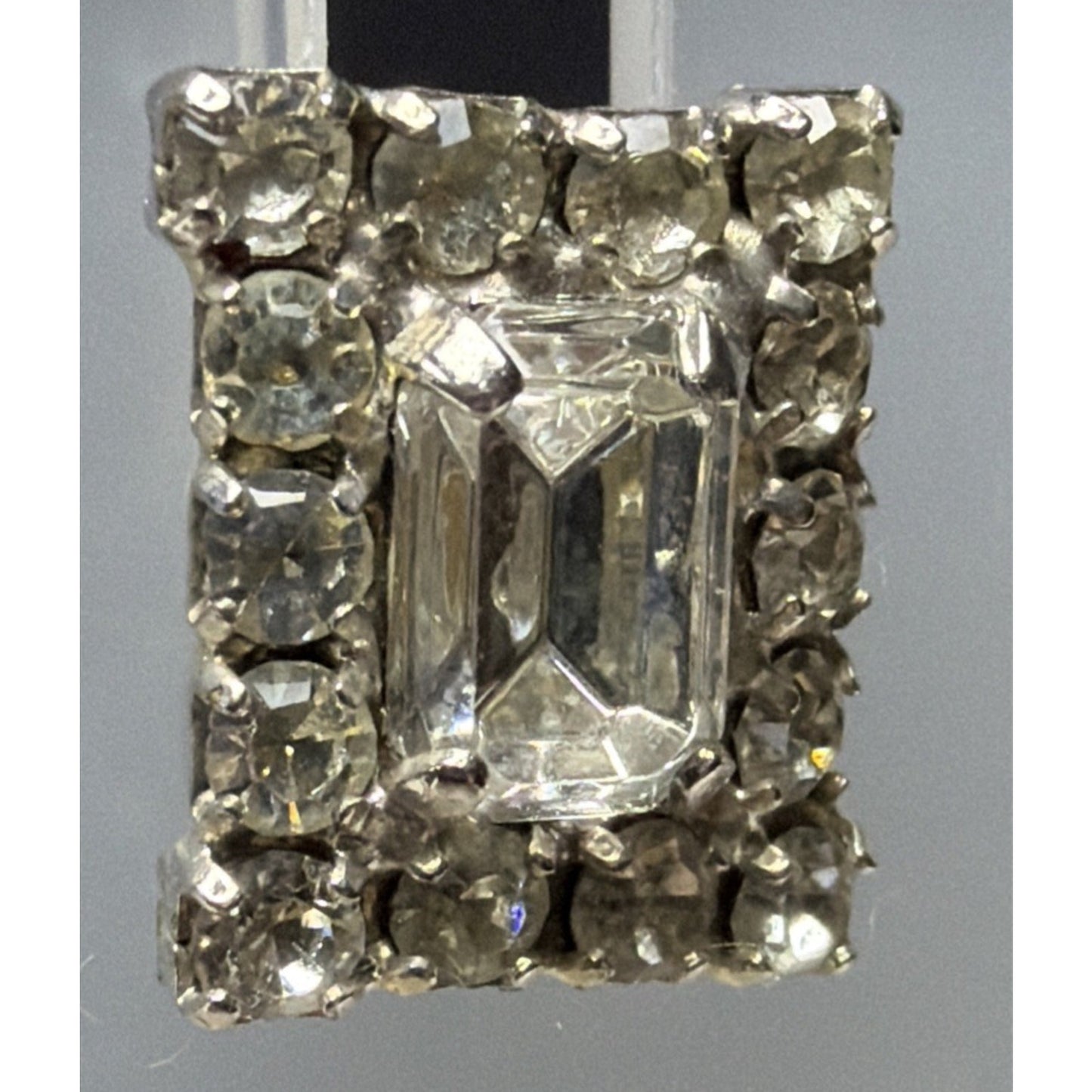 Vintage Emerald Cut Baguette Rhinestone Halo Cluster Pierced Earrings Prong Stud