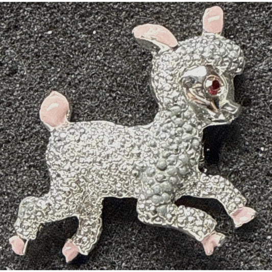 Vtg Silver Tone Little Lamb Brooch Pink Painted Feet Red Rhinestone Eyes As-Is