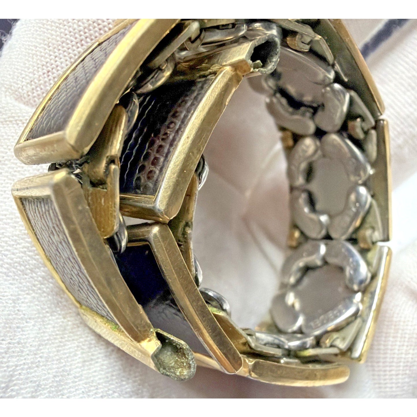 Vtg Speidel Yellow Gold Filled Watch Band Dark Brown Lizard Leather Curved As Is