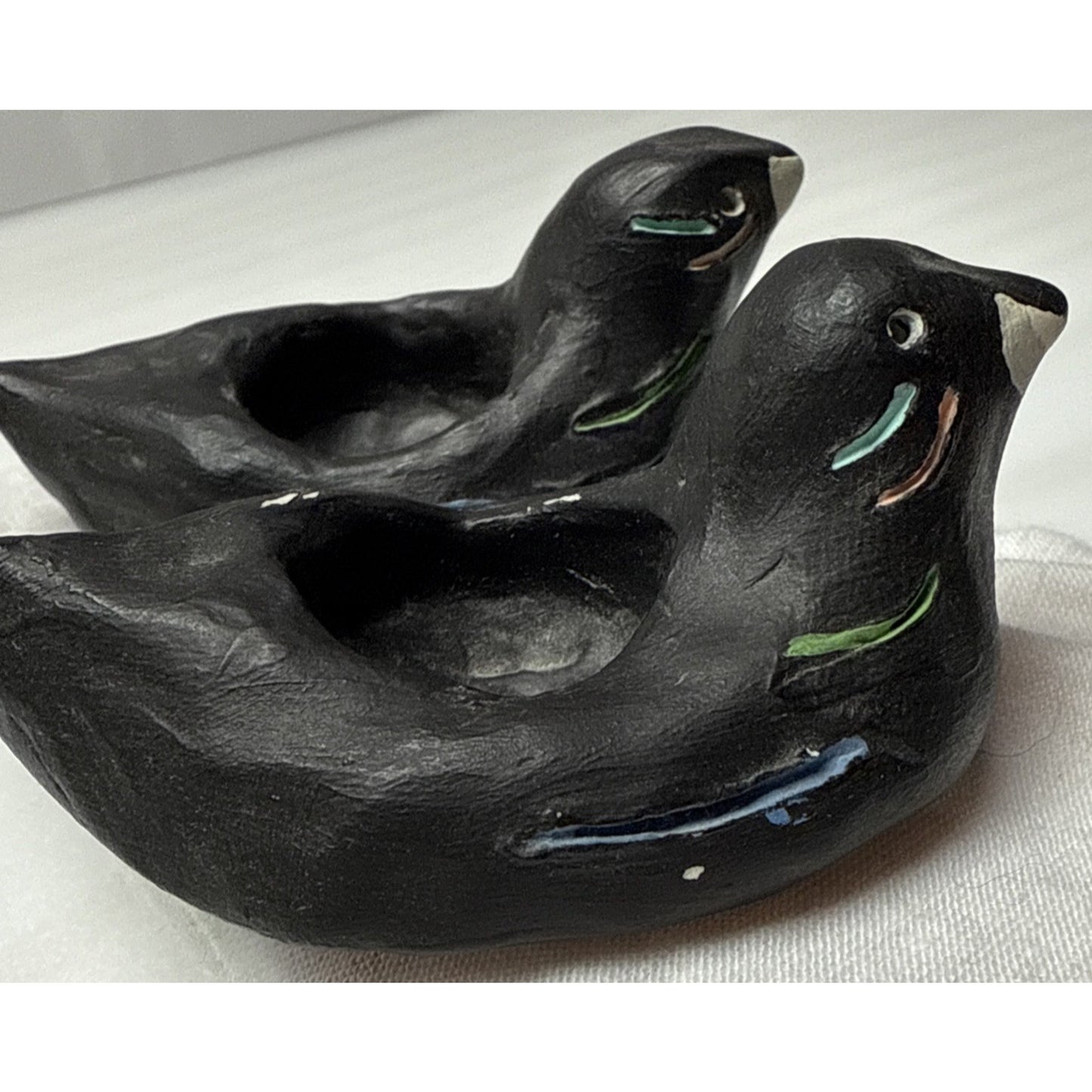 Vtg Lot of 2 Hand Made Pottery Clay Ceramic Bird Candle Holders Painted As-Is