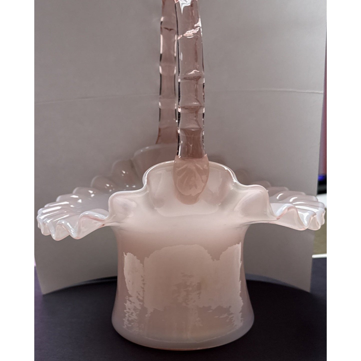 Vtg Fenton Glass Pink Overlay Basket Crimped Bamboo Handle Ruffle Edge As-Is