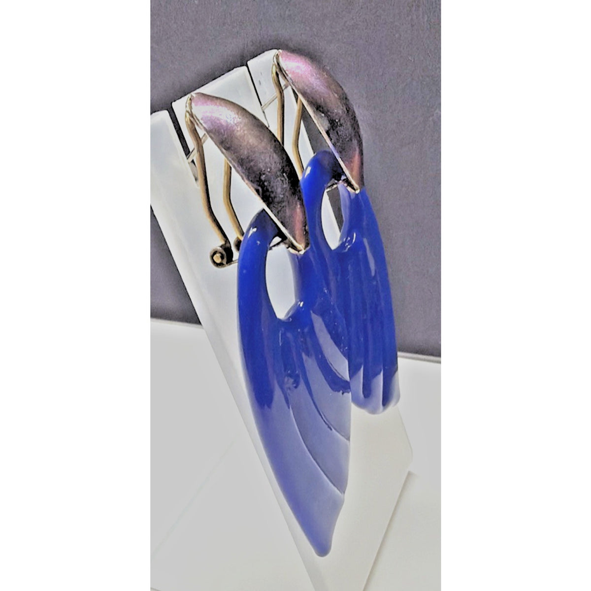 Vintage Cobalt Blue Glass Door Knocker Earrings Fan Wing Chunky As Is No Backs