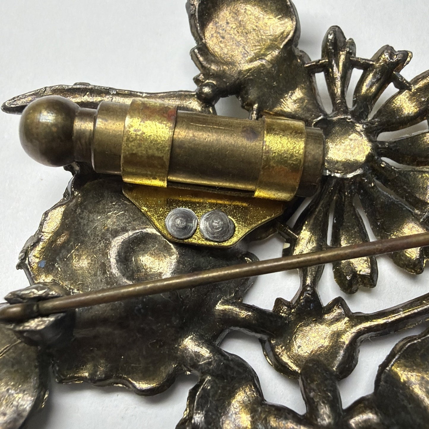 Art Deco Enamel Flower Brooch Bouquet Brass Vial Rhinestone Pot Metal As Is