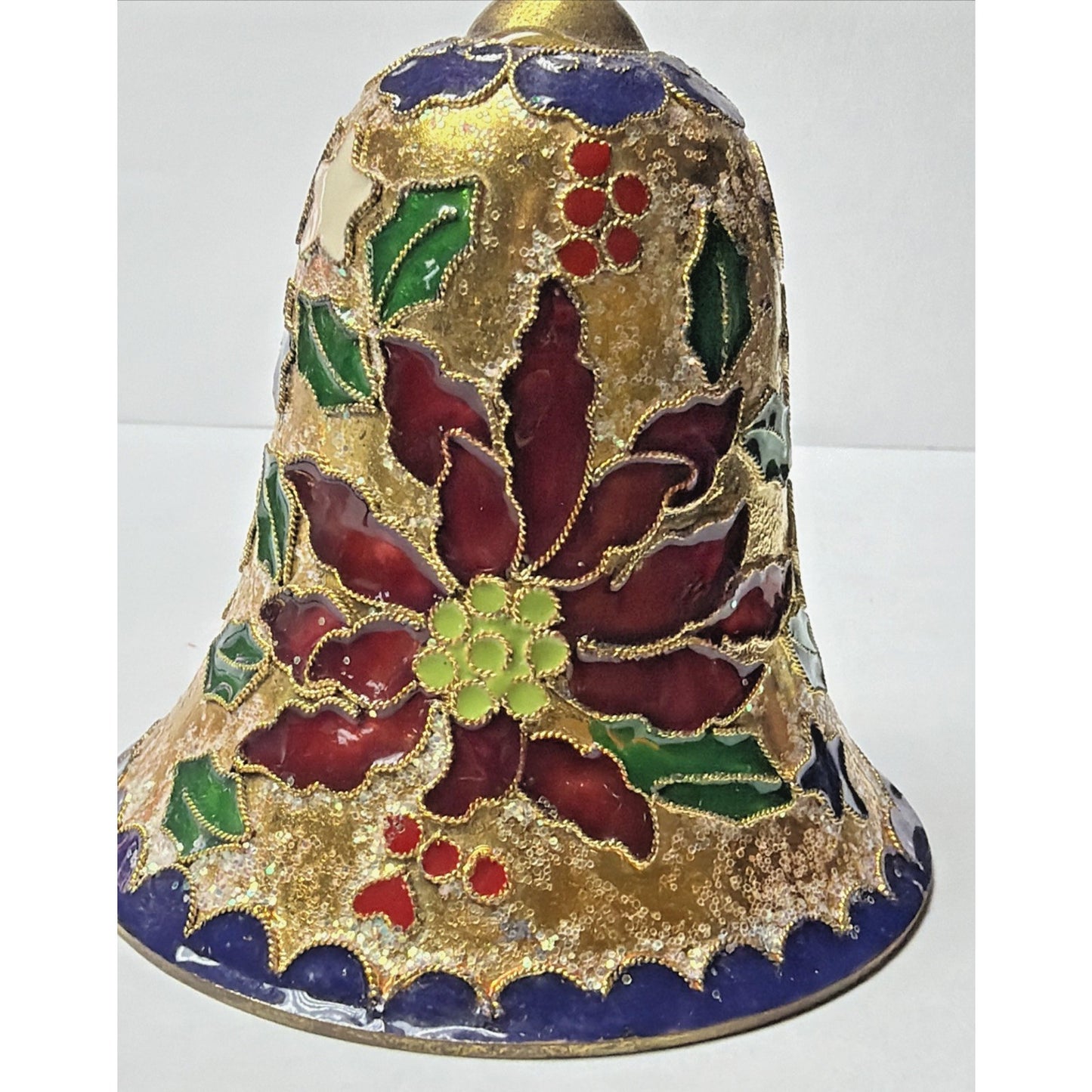 Vintage Enamel Cloisonné Bell Christmas Ornament Holly Berries Poinsettia