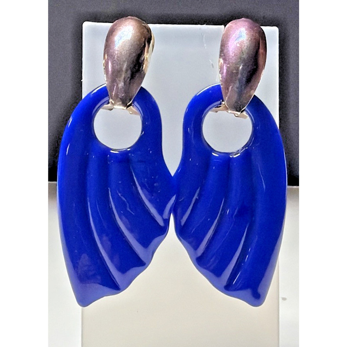 Vintage Cobalt Blue Glass Door Knocker Earrings Fan Wing Chunky As Is No Backs