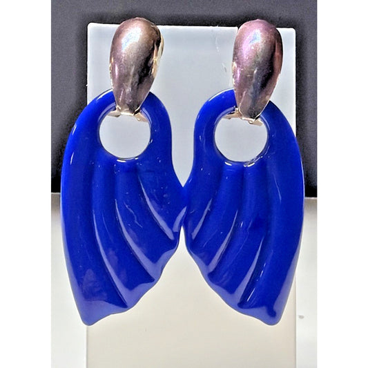 Vintage Cobalt Blue Glass Door Knocker Earrings Fan Wing Chunky As Is No Backs