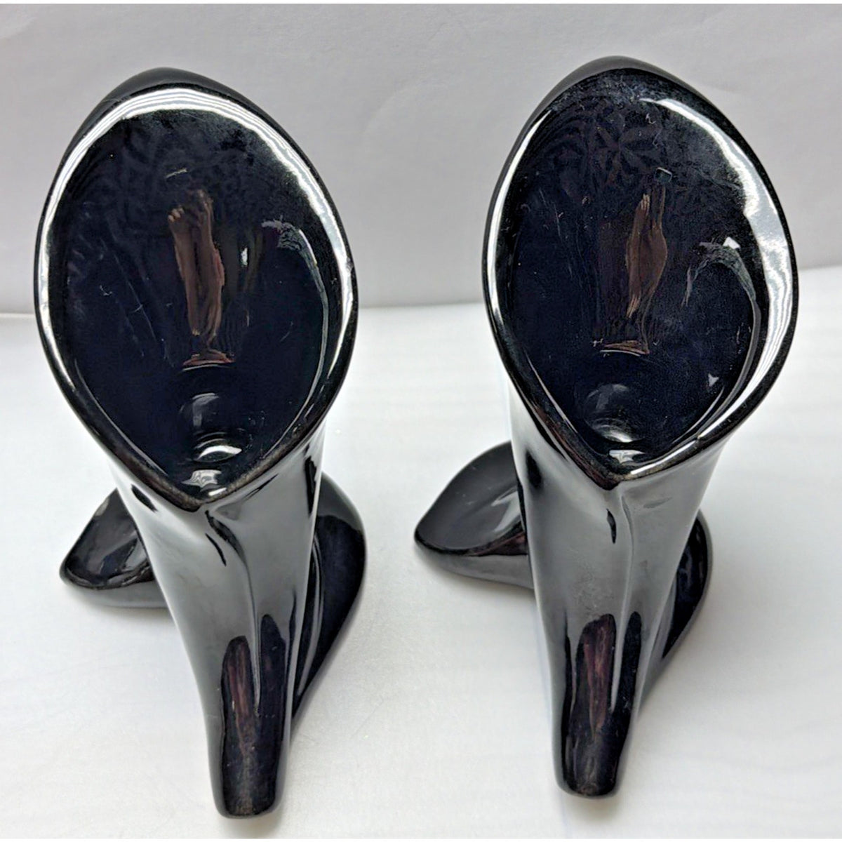 MCM Lot of 2 Haeger Pottery Black Glazed Calla Lily Horn Cornucopia Vase As-Is