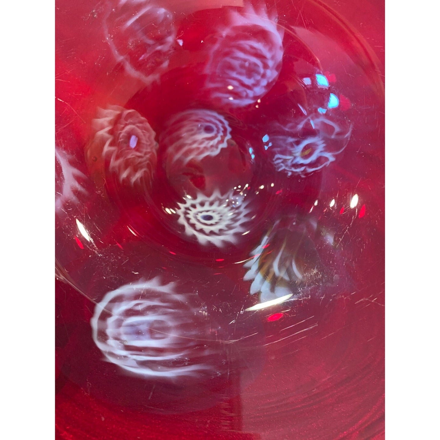 Vintage Murano Art Glass Venetian Murrine Bowl Cherry Red Millefiori Flower