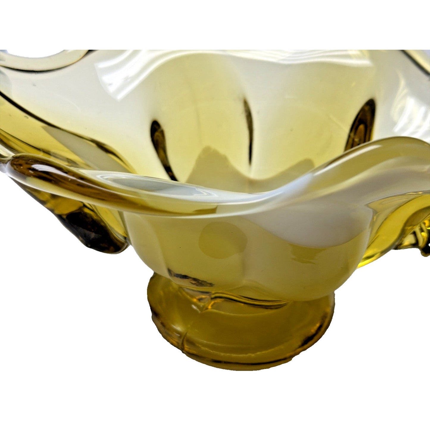 MCM Italian Art Glass Freeform Golden Bowl Amber White Handles Footed Pedestal