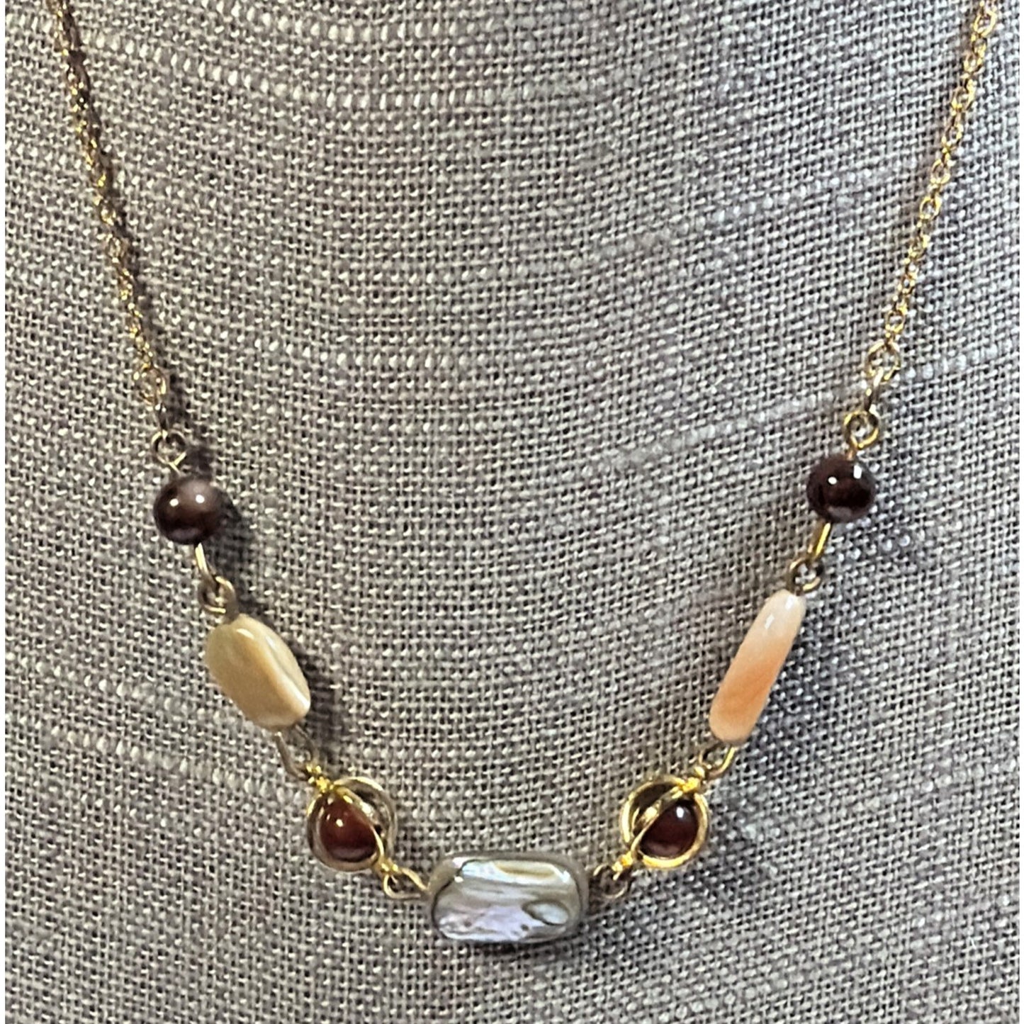 Vintage Multi Stone Necklace Gold Tone Agate Mother of Pearl Shell