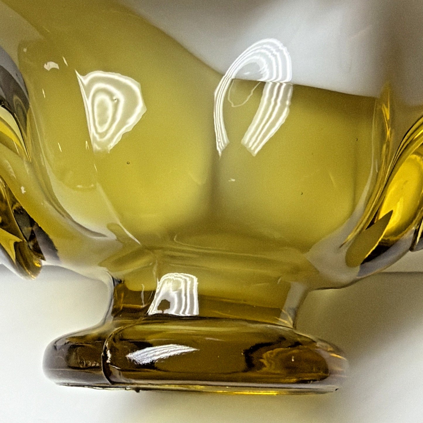MCM Italian Art Glass Freeform Golden Bowl Amber White Handles Footed Pedestal
