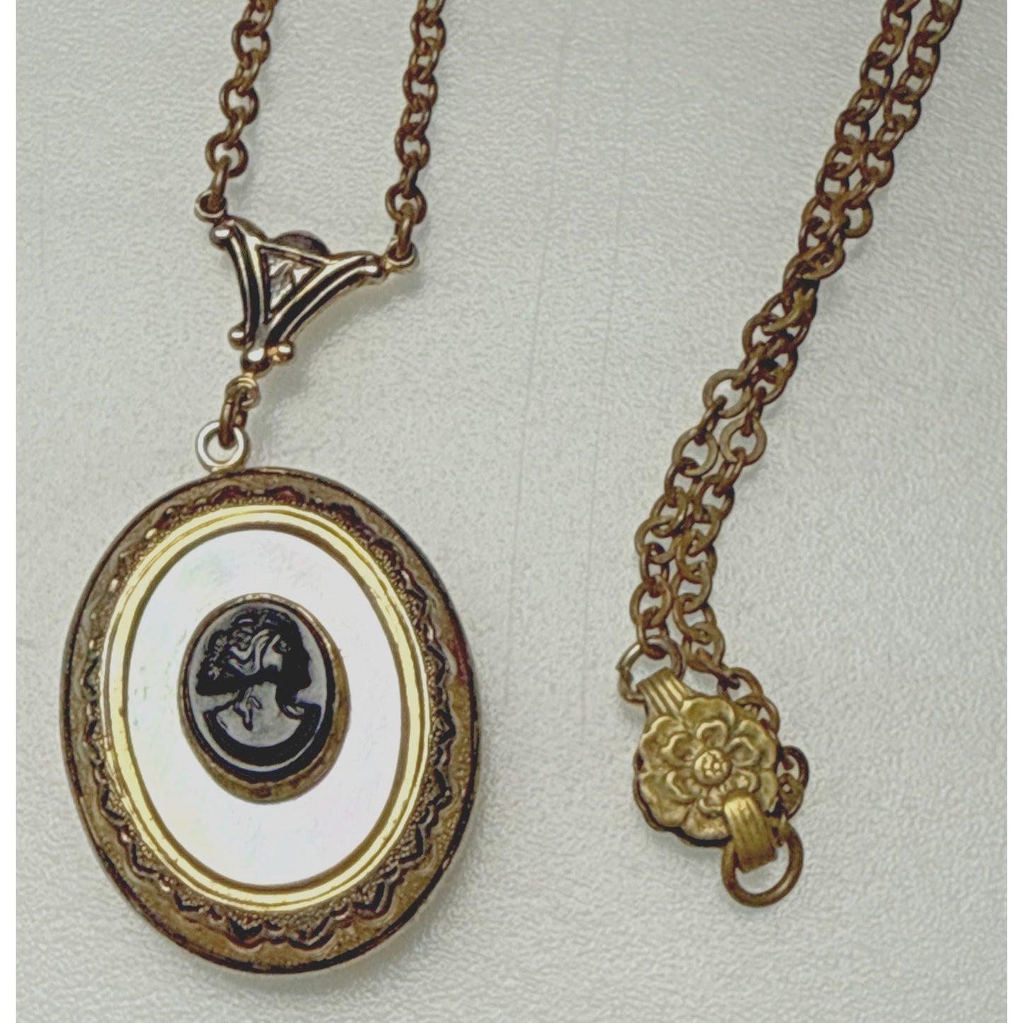 Vintage Black Celluloid Cameo Mother Of Pearl Locket Engraved Pendant Necklace