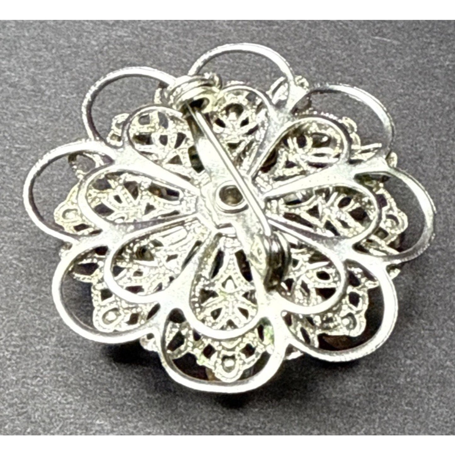 Vintage Aurora Borealis Rhinestone Silver Tone Filigree Layered Flower Brooch