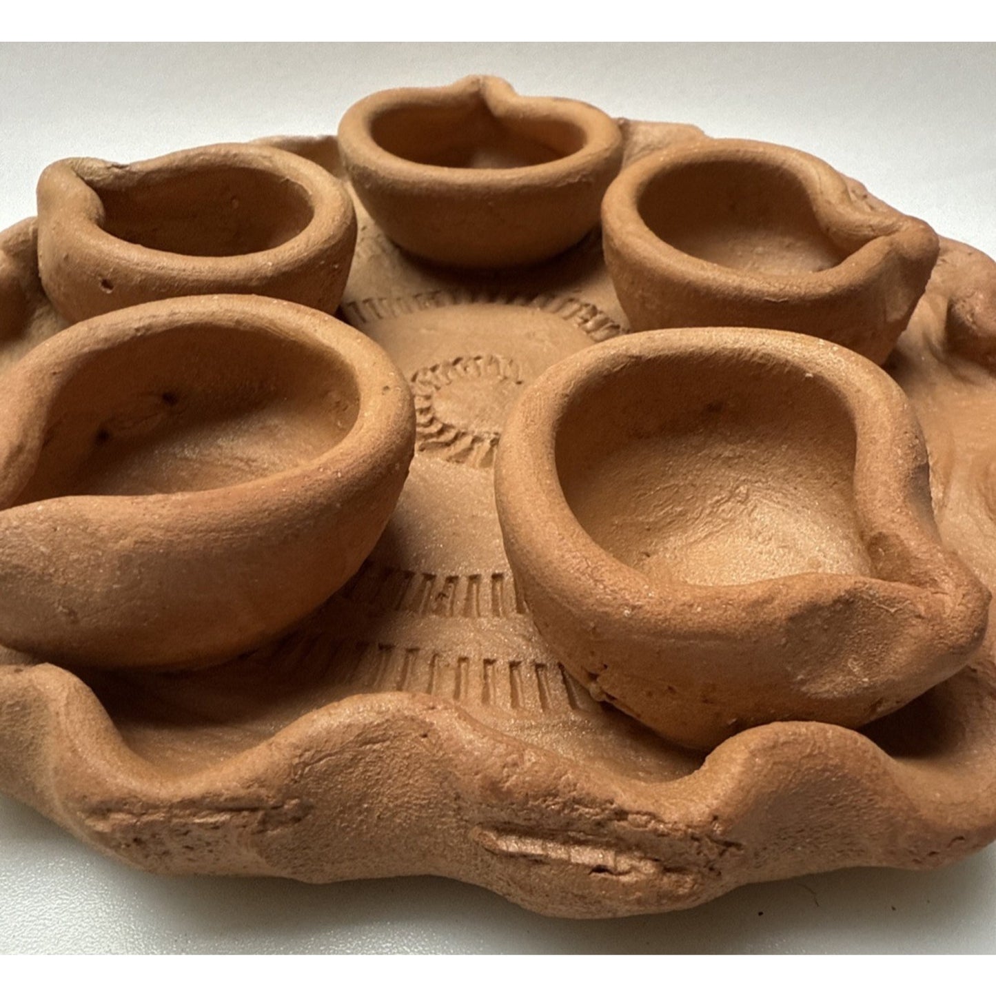 Clay Pot Diwali Oil Prayer Lamp Mitti Diya Plate Five Candle As Is