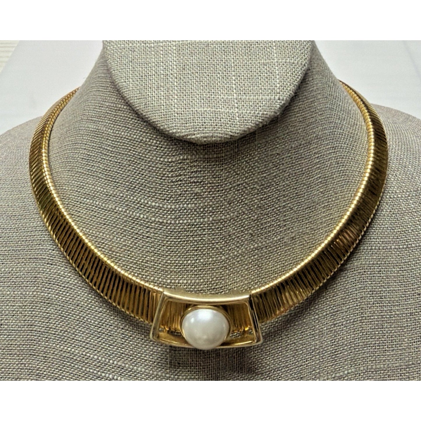 Vtg Park Lane Deco Inspired Collar Necklace Faux Pearl Slider Gold Tone Omega